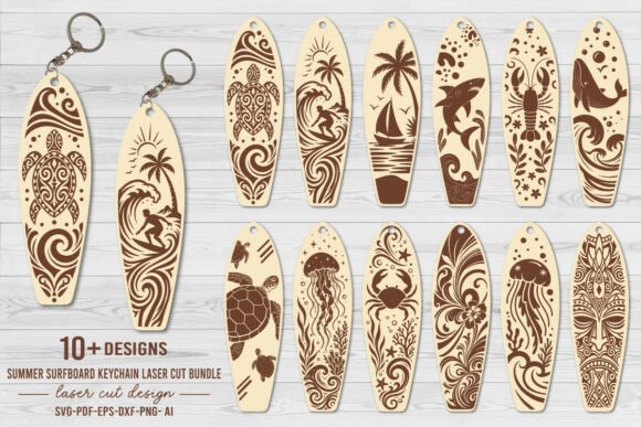 Summer Surfboard Keychain Laser Bundle: 12 Vibrant Designs